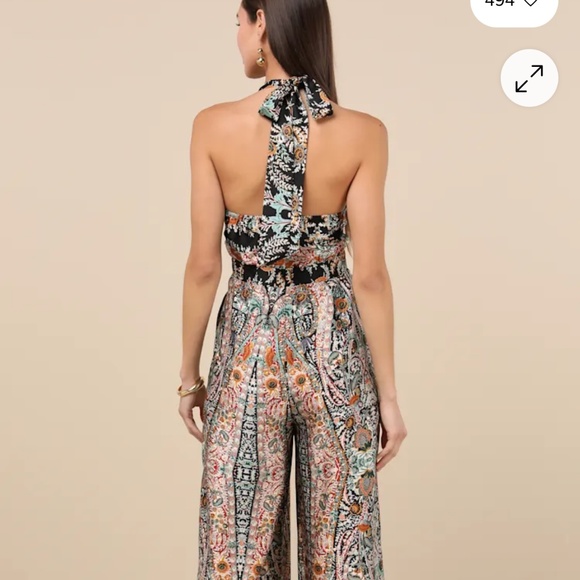 NWT Lulus Divine Wanderings Black Scarf Print Satin Wide-leg Jumpsuit - Size L - Picture 2 of 3